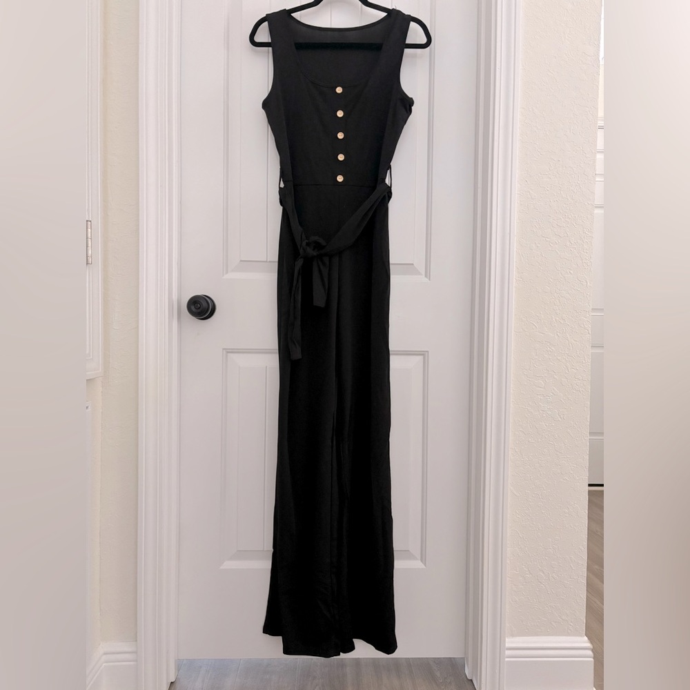 Black Sleeveless Button Front Belted Tie Waist Jumpsuit | Small - Picture 4 of 10